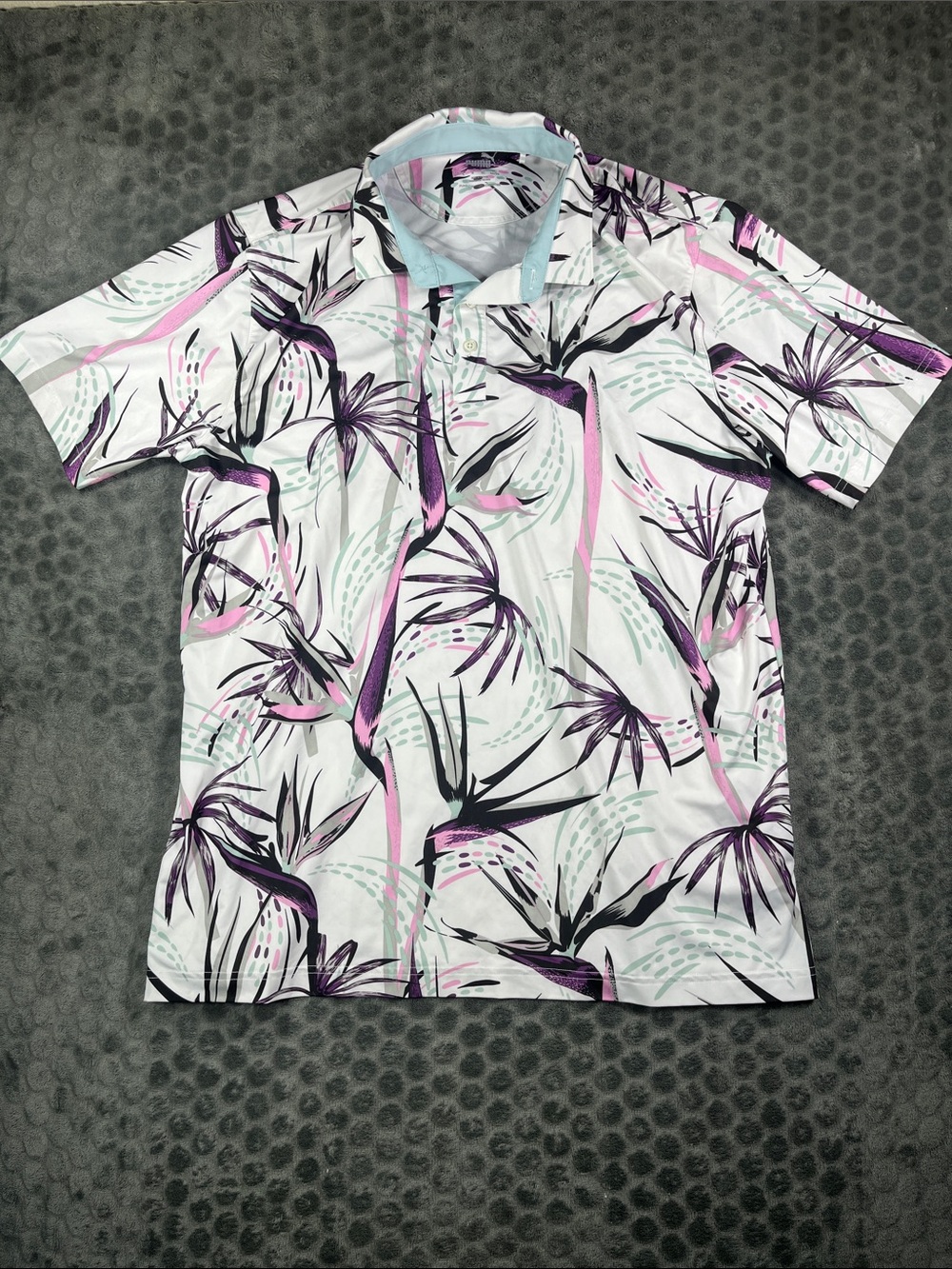 Puma Men's White Swim Polo Golf shirt with Pink & Purple Tropical Print